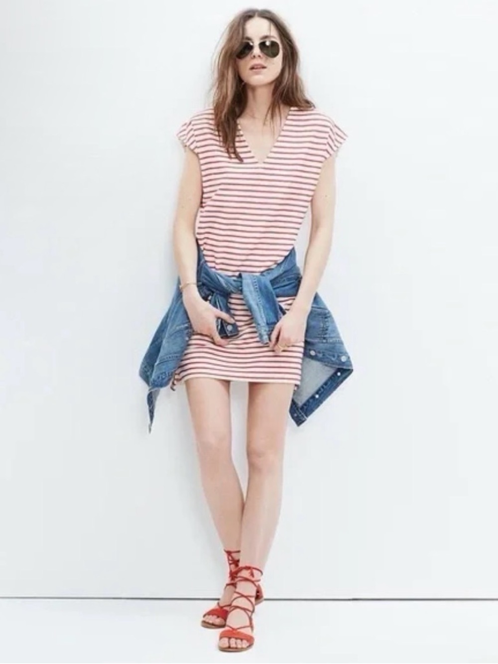 J Crew Cap Sleeve V Neck Mini Shirt Dress Tunic Candy Cane Red White Stripes XS